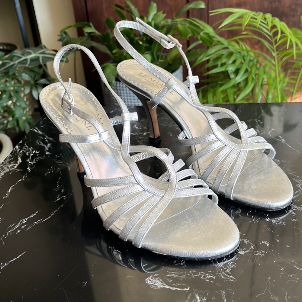 ⚡️👡🤍Lumiani  Silver Stappy Slingback Leather Sandals-7.5